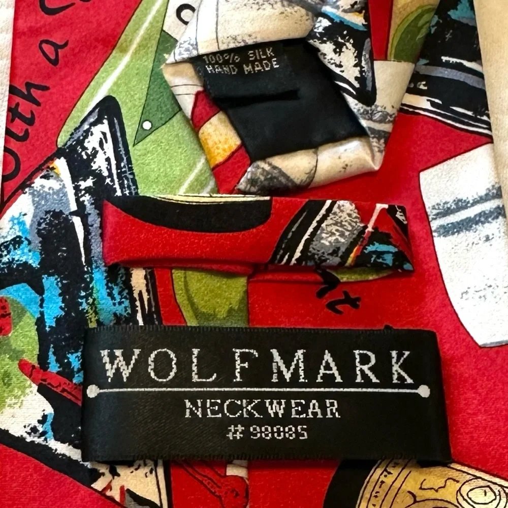 Wolfmark 100% Silk Red Martini Cocktail Theme Print Tie Bartender Waitstaff 🍸🍸🍸 - Picture 2 of 6